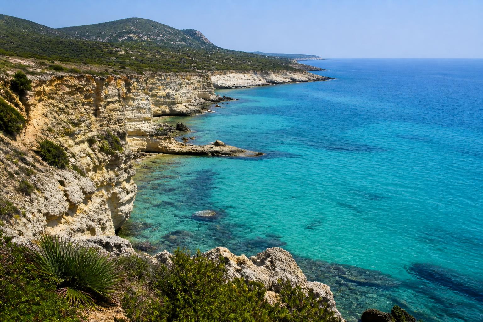 Akamas peninsula coastline with limestone cliffs and turquoise sea