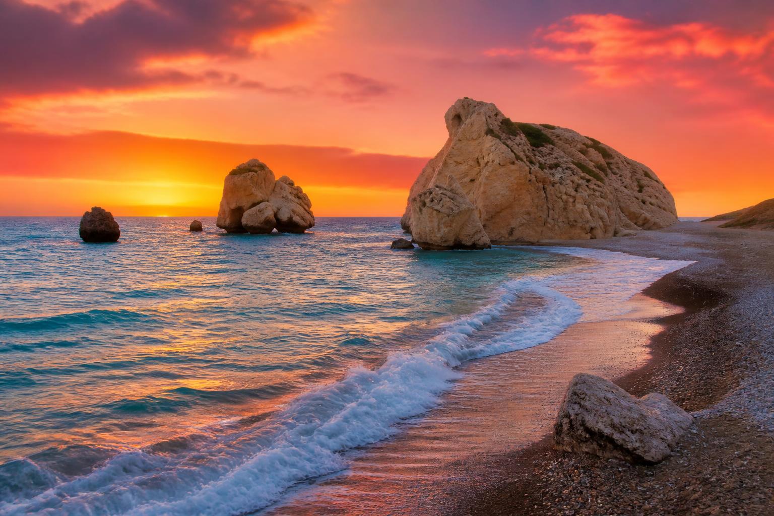 Aphrodite's Rock sea stacks at sunset on the Paphos coast