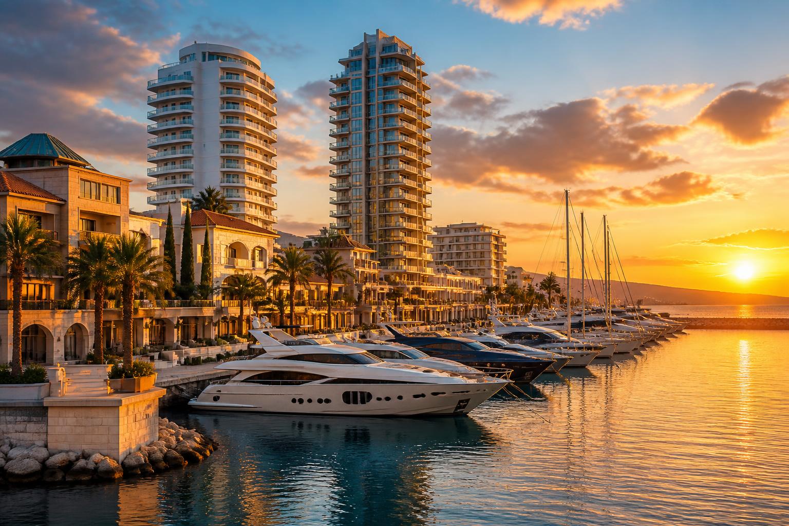 Limassol marina with yachts and modern towers at sunset