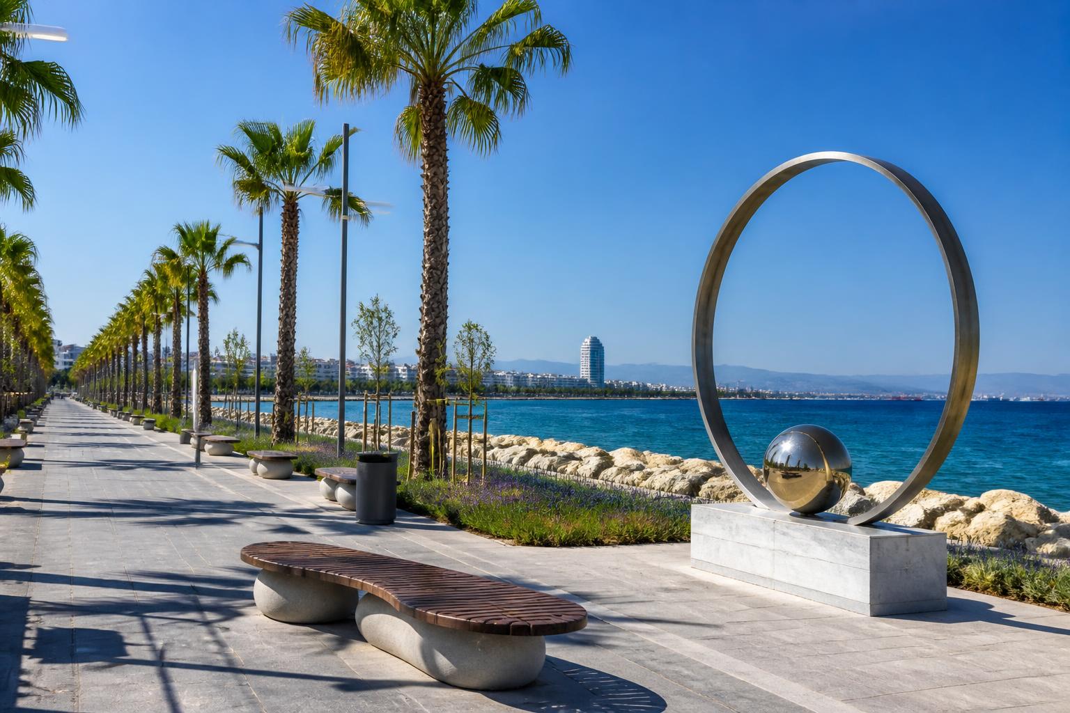 Limassol seafront promenade with palm trees and the Mediterranean