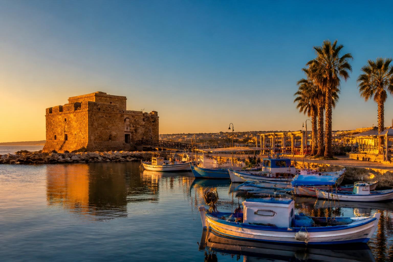Paphos harbour with medieval castle and fishing boats at golden hour