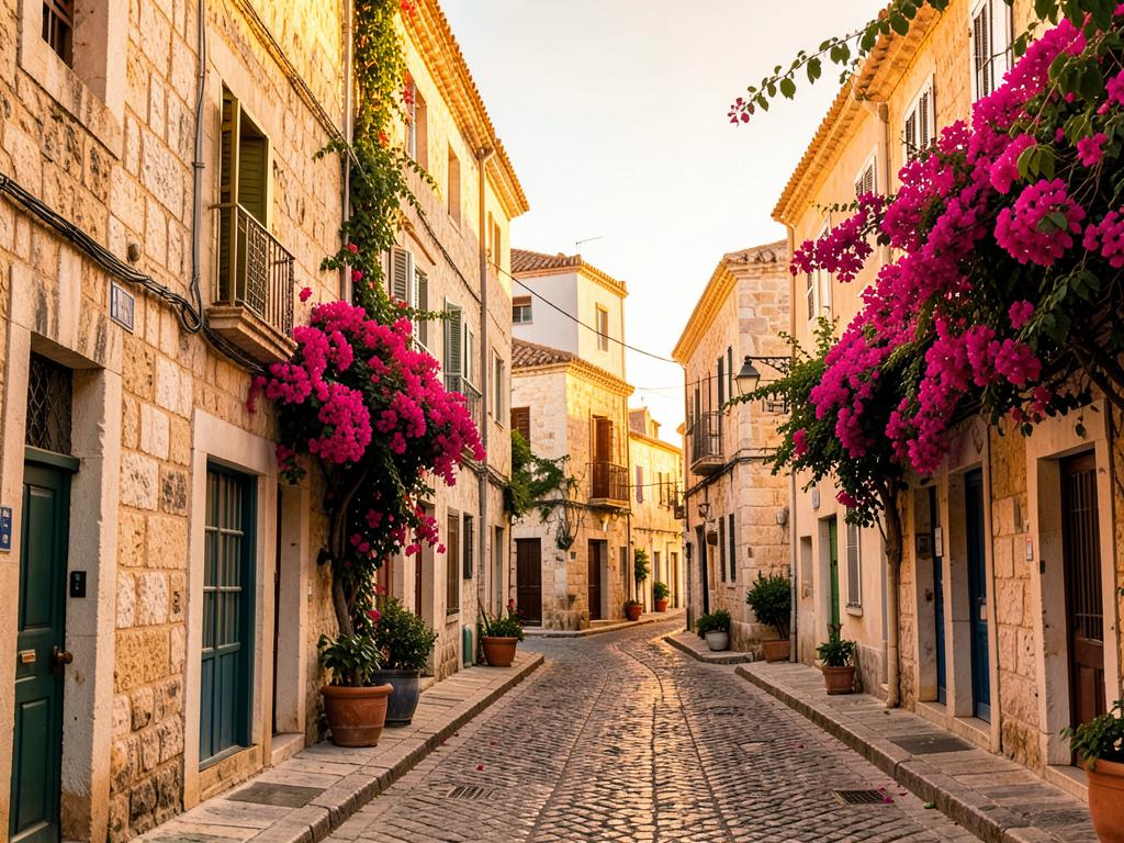 Paphos Old Town street with limestone houses and bougainvillea